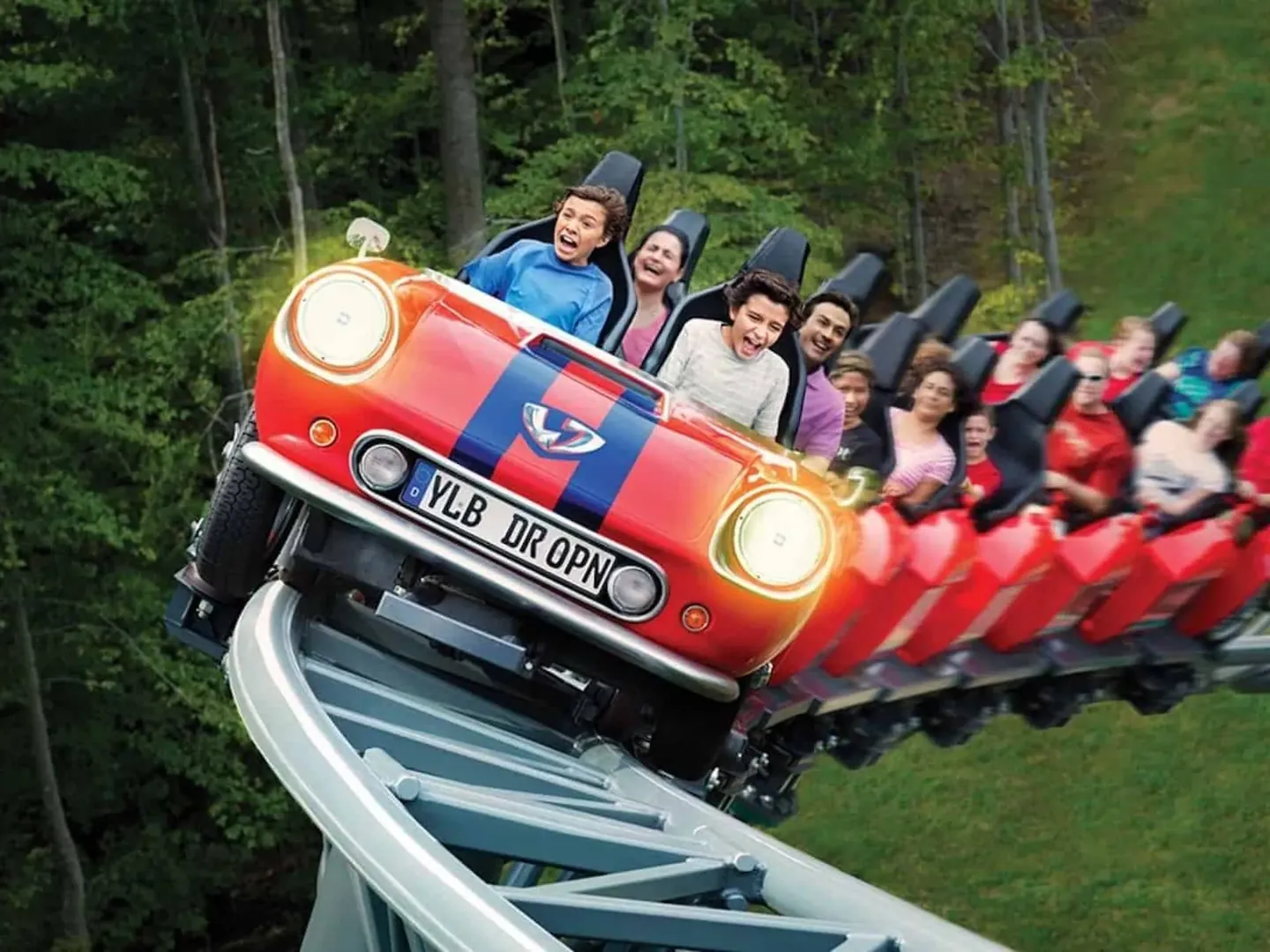 Riders screaming on a themed coaster